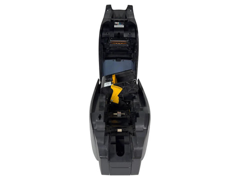 Sick Dual Sided Color Identity Card Badge Printer With Kick Butt Thermal Dye Sublimation 300 Dpi Resolution Ethernet Usb 2 0 Networking viewed from above with open cover.