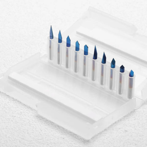 Badass Precision 10 Piece CNC Router Bit Set With 1/8 Inch Shank and Hella Durable Nano Coated V Groove Cutters displayed in a case.