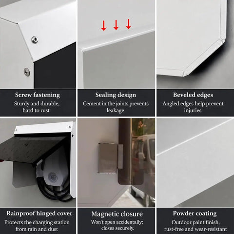 Badass Heavy Duty Universal EV Charger Cover Wall Mount Weatherproof Shield with screw fastenings and rainproof hinged cover.