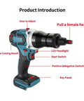 Brushless Electric Rivet Gun Kit With Rechargeable Battery, Automatic Riveting Tool, labeled diagram showing features.