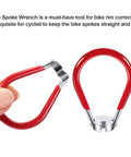 Six Piece Bicycle Spoke Tool Kit With Tire Lever For On The Go Bike Repair showing rubber handle spoke wrench in hand.