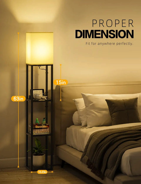 Three Tier Floor Lamp With Shelves For Living Room Black Finish With 11W LED Bulb And Dual USB Ports Plus A Power Outlet next to bed