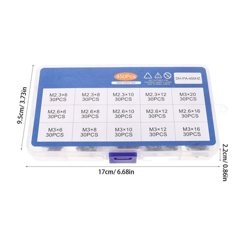 Self Tapping Screws Assortment Kit, 450pc Set With Cross Round Head, organized in storage box with M2.3 M2.6 M3 sizes.