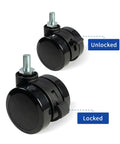 Lockable Caster Wheels For Standing Desk Replacement Castors Set Of 4 With M8 Stem Nylon Threaded Swivel Casters shown locked and unlocked.