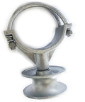 Heavy Duty Cantilever Gate Rollers With Six Inch Chain Wheels Double Sealed Bearings Built Like A Tank Track System For Chain Link Fence Posts And Gate Pipes Runs Like A Dream Pack Of Two - close-up view of metal roller fitting with clamp.