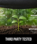 Heavy Duty Tough As Nails Weed Barrier Fabric 3 Ft By 50 Ft Ground Cover For Garden Beds And Mulch, 3.2 Oz Woven Landscape Cloth That Blocks Weeds But Lets Water And Air Through, Permeable Underlayment For Lawn And Yard with visual infographic showing water permeation and plant growth under fabric.