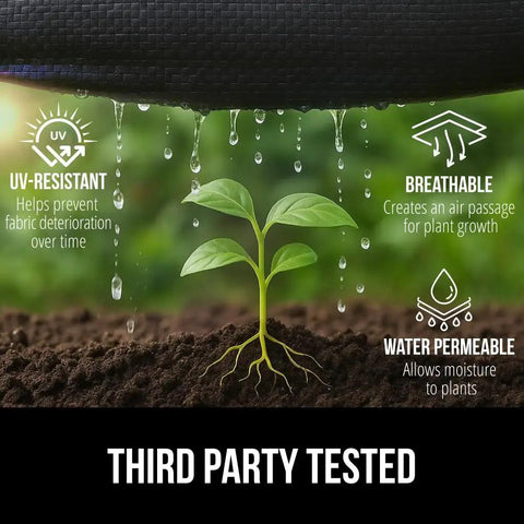 Heavy Duty Tough As Nails Weed Barrier Fabric 3 Ft By 50 Ft Ground Cover For Garden Beds And Mulch, 3.2 Oz Woven Landscape Cloth That Blocks Weeds But Lets Water And Air Through, Permeable Underlayment For Lawn And Yard with visual infographic showing water permeation and plant growth under fabric.