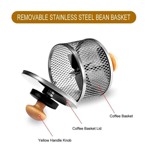 Removable stainless steel bean basket with yellow handle knob, part of electric coffee bean roaster for home use.