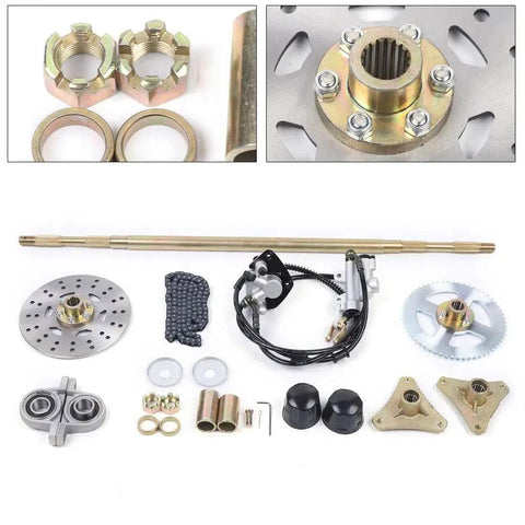 Go Kart Rear Axle Kit 29 Inch 740mm Complete Live Hub With Brake Assembly Pillow Blocks T8F Sprocket 58T components shown