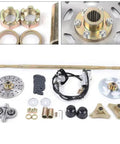 29 Inch Drift Trike Rear Axle Complete Kit With Disc Brake Assembly T8F 58T Chain For Beefed Up DIY 4 Wheel ATV Go Kart Build Compatible With 50cc 70cc 90cc ATV Quads Karts displayed with components including axle, brake disc, chain, pillow blocks, and hardware.