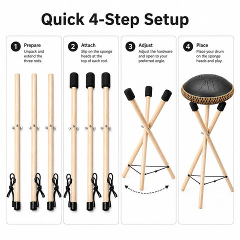 Adjustable Solid Wood Handpan Drum Stand With Carry Bag And Three Replacement Foam Pads For 10 To 22 Inch Steel Tongue Hang And Panda Drums setup guide.