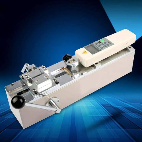 Top Tier Manual Horizontal Digital Force Gauge With Sturdy Bracket For 500N Push Pull Testing Real Deal Tensile Tool No Fuss Operation Lab Ready on a blue background.