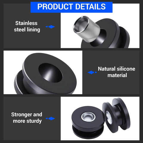 M8 Rubber Grommet Kit With Steel Core, Ten Piece Reinforced Bushing Set For Bike Fairings, Marine Glass, Auto Panels, And Heavy Duty Vibration Damping To Keep Your Rig Tight And Dang Solid Anywhere You Roll showcasing stainless steel lining and silicone material.