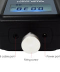 Close-up of Dead On Digital Force Gauge Push Pull Meter With Data Memory 50KgF 490N 110LbF showing USB and power ports.