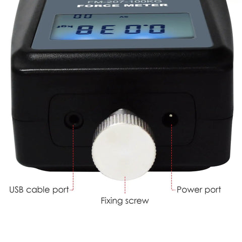 Close-up of Dead On Digital Force Gauge Push Pull Meter With Data Memory 50KgF 490N 110LbF showing USB and power ports.