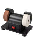 Rock Solid Mini Bench Grinder With Dual Sharpening Wheels Sturdy Benchtop Polishing Station For Garage Crews High Power Copper Motor showing black housing and dual wheels.