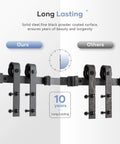 Heavy Duty 8 Foot Double Sliding Barn Door Track And Handle Kit Gliding Smooth As Butter With Precision Ball Bearings And Rugged Black Coating For A Total No Sweat Install comparison image showing durable steel track and rollers.