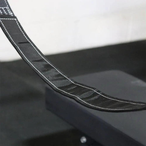 Hardcore Power Rack Safety Straps Rated Five Thousand Pound With Bounce Free Catch Tech Built From Beefy Nylon Webbing, close-up detail.