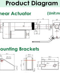Product diagram showing dimensions of 26 Inch 12V DC Linear Actuator 225 Lbs Beast Mode Heavy Lifter and mounting brackets.