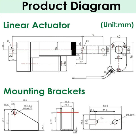 Product diagram showing dimensions of 26 Inch 12V DC Linear Actuator 225 Lbs Beast Mode Heavy Lifter and mounting brackets.