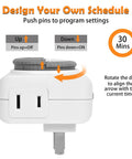24 Hour Mechanical Outlet Timer With 30 Minute Intervals For Indoor Lights And Fans Daily Automatic Switch No Sweat Programming Plug In Time Switch For Holiday Decor 2 Pack showing programming guide and settings dial.