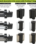 Heavy Duty Self Closing Pool And Child Safety Gate Hinges With Alignment Legs For Metal Gates Chrome Finish shown in black, chrome and brushed styles.