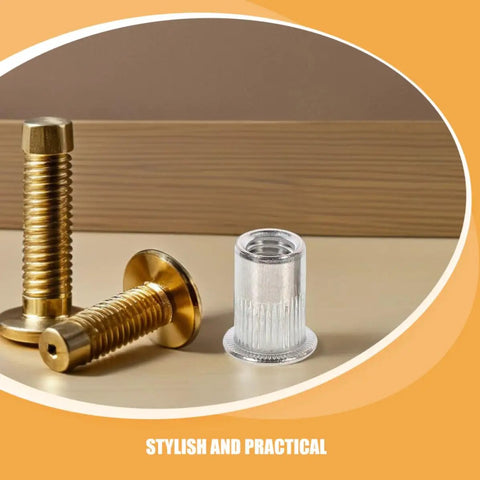 Stainless Steel Pro Grade Rivet Nut Kit 70 Pack with flat head threaded insert beside brass screws on table