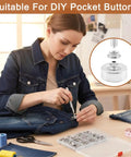 Top Shelf Stainless Steel Snap Fastener Kit Includes Two Hundred Pieces For Leather Heavy Canvas And Garment Repair Built Solid As A Rock With Zero Rust Headaches Everyday, woman attaching snap to denim.