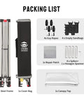 Packing list for 10x10 Pop Up Canopy Tent With Patented CenterLok One Push Setup, including components and storage bag.
