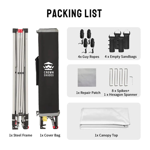 Packing list for 10x10 Pop Up Canopy Tent With Patented CenterLok One Push Setup, including components and storage bag.