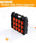 Double Sided Tool Organizer With 34 Compartments And Removable Dividers For Screws Nuts Bolts Tough As Nails Hardware Storage Box For Small Parts In Garage Or Workshop, featuring black and orange design with transparent lids.