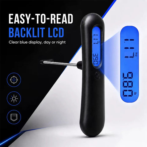 Dead On Digital Trigger Pull Scale With Hook Gauge Top Shelf Peak Mode Tension Force Meter Quick Switch Between Lb Oz Kg G showing easy-to-read backlit LCD display.