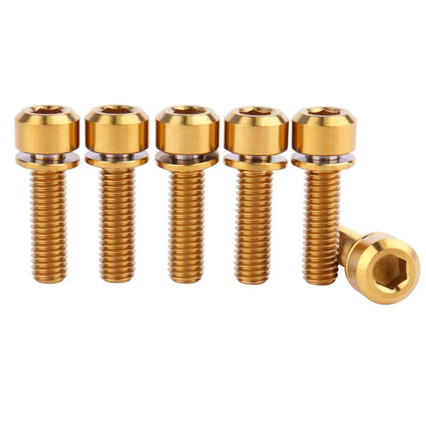 Top Shelf Titanium Hex Screws with Stigma Chamfer Heads plus Washers M5x18mm set of 6 in gold for bicycle stem parts.