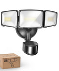 Kickass Outdoor LED Security Flood Light With Smart PIR Motion Sensor And Hella Bright 5000K Daylight Illumination featuring three swivel heads and sensor.