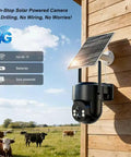Reliable 4G LTE Solar Security Camera Delivers Crisp 5MP Footage And Vivid Color Night Vision No More WiFi Headaches Featuring Rugged IP65 Build Tailored For Backyards And Off Grid Sites mounted on barn with solar panel and cattle in background.