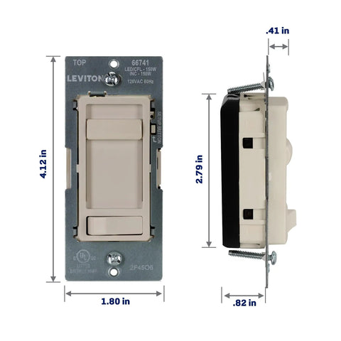 Super Smooth Glide Flicker Free LED Dimmer Wall Switch For 150 Watt Leds Halogen And Incandescent Fixtures No Fuss Install side view with dimensions