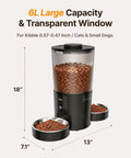Top Shelf Dual Camera Automatic Pet Feeder With Two Separated Bowls And Six Liter Hopper For Independent Cats And Dogs Smart Programmable Timer showing 6L tank and stainless steel bowls.