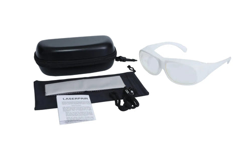 Heavy Duty Laser Safety Glasses For 2940Nm Erbium Dental And Medical Use With Top Shelf Ce En207 Certification and accessories laid out.