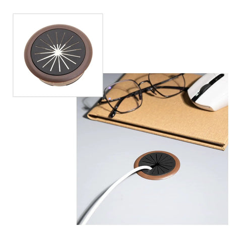 Robust Brown Two Inch Desk Grommets With Included Hole Saw For No Sweat Cable Routing And Slick Desktop Organization heavy duty plastic grommet on workspace.