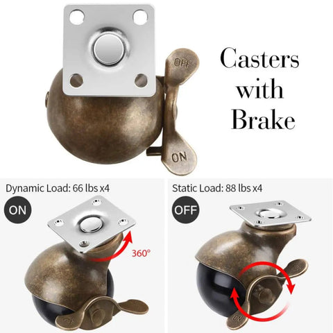 Set of 4 Vintage Brass Plate Caster Wheels 2 Inch Ball Bearing Swivel Casters with Locking Brakes, showcasing brake details.
