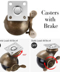 4 Piece Vintage Brass Finish Swivel Casters Heavy Duty 2 Inch with Brake, showcasing dynamic and static load features for smooth movement.