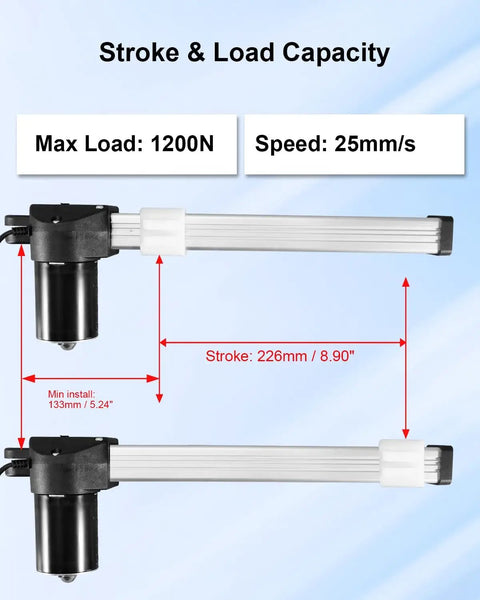 KDPT007-334 Linear Actuator For Power Recliner Lift Chair Motor Replacement with stroke and load capacity details.