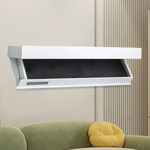 Hella Tidy White Floating Wall Shelf With Concealed Drop Down Drawer Pull Out Storage Rack mounted above a green couch.