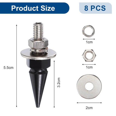 Set Of Eight Badass Spiked Aluminum License Plate Screws With Security Hardware For A Tight Anti Theft Lockdown On Any Daily Driver Or Custom Bike Rig Today, showing sizes and details of spiked screws.