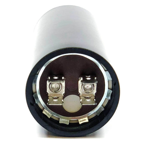 Single motor run capacitor replacement for HVAC and industrial AC motors, 440 VAC rated with quick-connect terminals, front view.