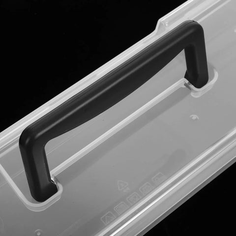 Grab And Go Portable Plastic Toolbox With Handle detail, black handle on clear portable tool case for hardware storage.
