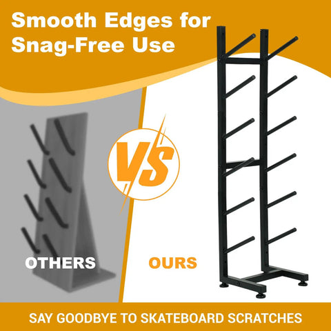 Comparison of heavy duty 6 layer skateboard floor stand and wall mount rack highlighting smooth edges for snag-free use.