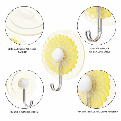 Rock Solid Adhesive Wall Hooks 1 Pack Killer Hold with yellow daisy design for easy towel and utensil hanging.