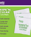 Flents Wipe N Clear Lens Wipes, three individually wrapped 5x6 inch soft material lens wipes on lime green background