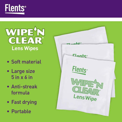 Pre Moistened Lens Cleaning Wipes For Glasses And Shades Gentle Streak Free Fast Drying Individually Wrapped Travel Ready Packs Four Boxes 300 Wipes Total Safe On Coatings Made In USA showing Wipe 'N Clear packaging.